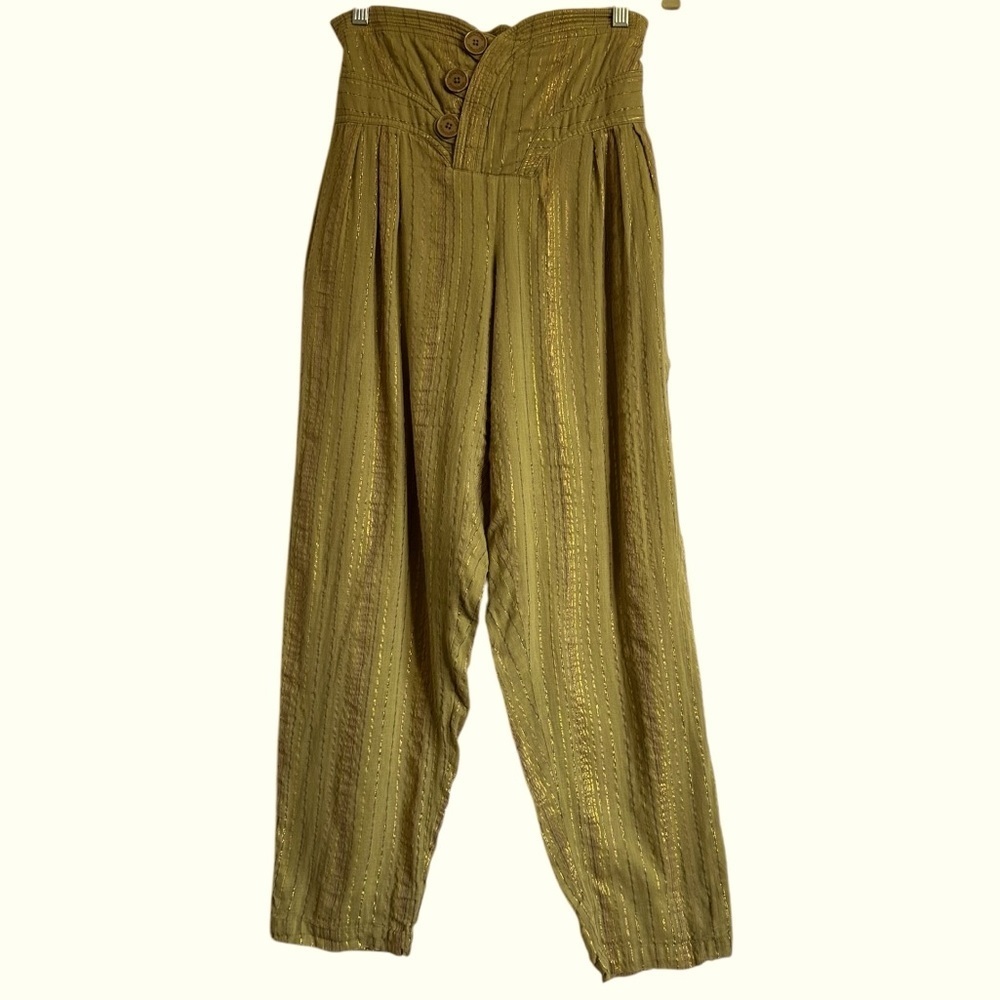 MANOUSH PAPER BAG HIGH WAIST COTTON LUREX THREADED PANTS SIZE 4 - Picture 2 of 14